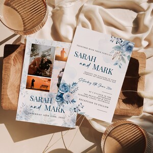 Faire-part photo modifiable de mariage, papeterie de mariage fleurs bleu poussière, modèle facile à modifier, garden-party nuptiale, bricolage personnalisé, WM006