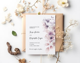 Printable wedding invitation template download, Modern wedding invite, Edit with Templett, Botanical floral instant download, Bridal, PW001