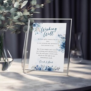 Aquarel stoffige blauwe bruiloft wens goed kaartsjabloon, 8 x 10 bewerkbare teken, blauwe bloemen bruiloft kaart, bruids teken, cadeau verzoek, WM006