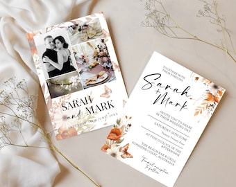 May include: Two wedding invitation cards with floral and butterfly accents. One card features a photo collage and the names "Sarah and Mark." The other card has the names "Sarah + Mark" and wedding details, including the date and location.
