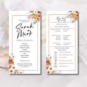 Peut inclure: Ordre du service de la cérémonie de mariage et détails de la fête nuptiale avec des illustrations florales. L'ordre du service comprend l'accueil, la cérémonie des roses, la bougie commémorative, la lecture, la jonction des mains, les vœux, l'échange des alliances et la sortie. Les détails de la fête nuptiale comprennent l'officiant, la demoiselle d'honneur, le témoin, les demoiselles d'honneur, les garçons d'honneur, la demoiselle d'honneur et le porteur d'alliances. Le plan de la journée comprend la cérémonie, l'heure du champagne, le dîner, la première danse, la coupe du gâteau et le départ.