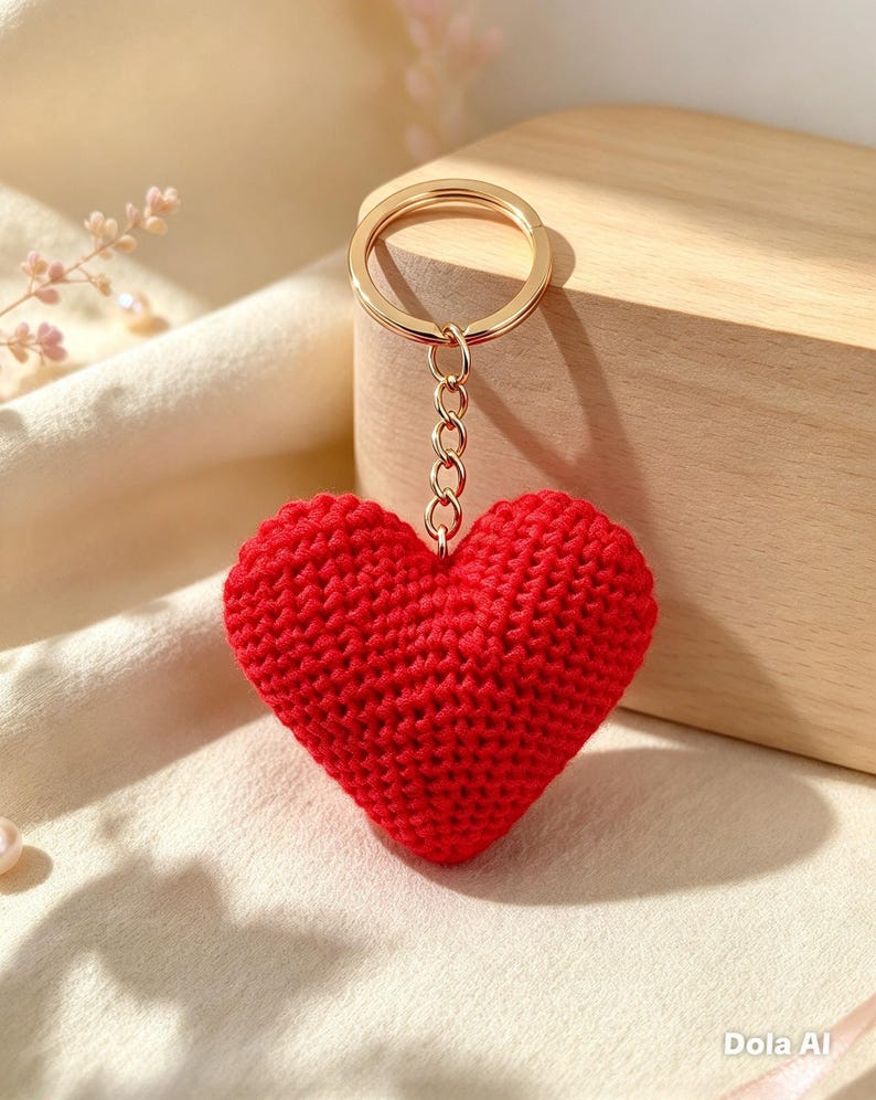 Crocheted heart keychain | Handmade red heart | Bag charm | Romantic gift | Valentine's Day | Small handcrafted gift image 4