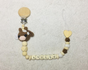 Customizable pacifier clip handmade in cotton and natural wood crochet