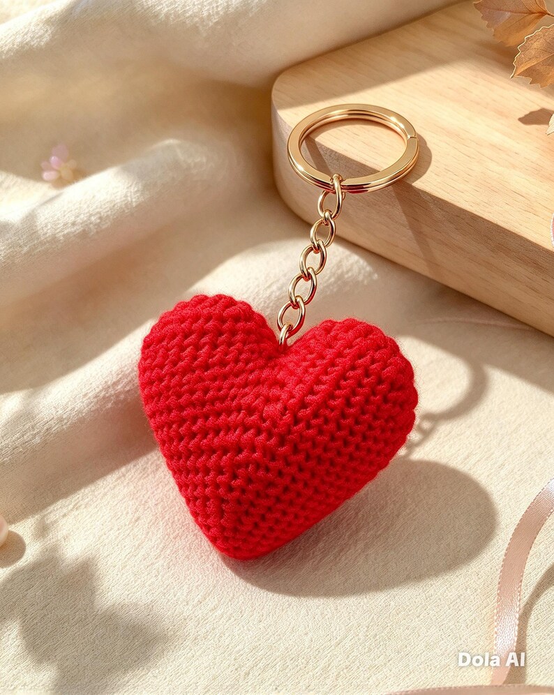 Crocheted heart keychain | Handmade red heart | Bag charm | Romantic gift | Valentine's Day | Small handcrafted gift image 3