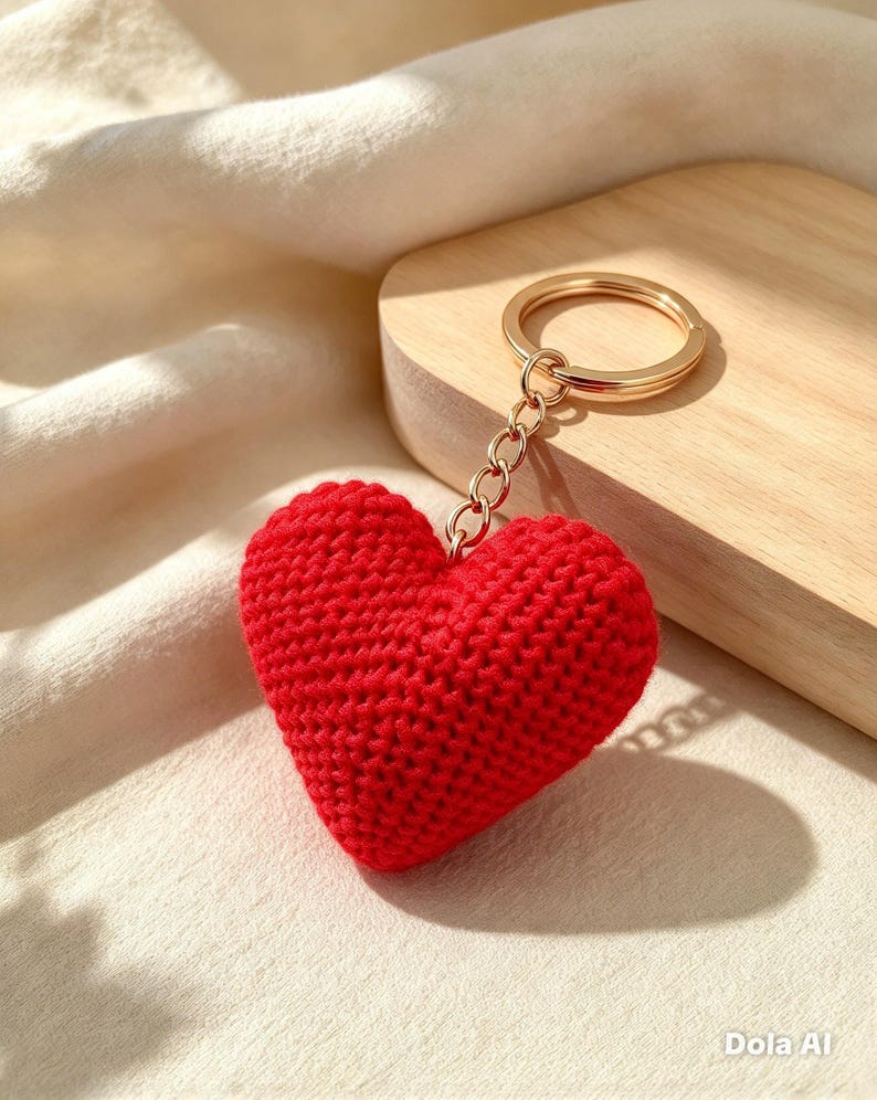 Crocheted heart keychain | Handmade red heart | Bag charm | Romantic gift | Valentine's Day | Small handcrafted gift image 2