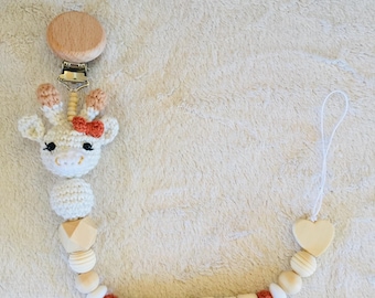 Customizable pacifier clip handmade in cotton and natural wood crochet