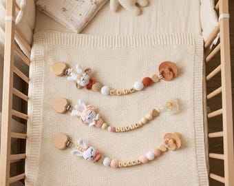 Personalized Wooden Pacifier Clip with Name and Hook, Handmade Amigurumi Rabbit Baby Pacifier Clip, Baby Shower Gift