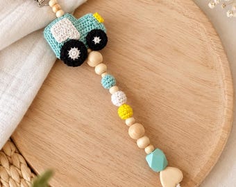 Crochet tractor pacifier clip – Personalized baby pacifier clip – Baby boy gift – Wooden and silicone beads