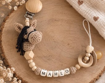 Clip para chupete de caballo de ganchillo personalizado – Clip para chupete con el nombre del bebé – Regalo artesanal para bebé – Accesorio para bebé