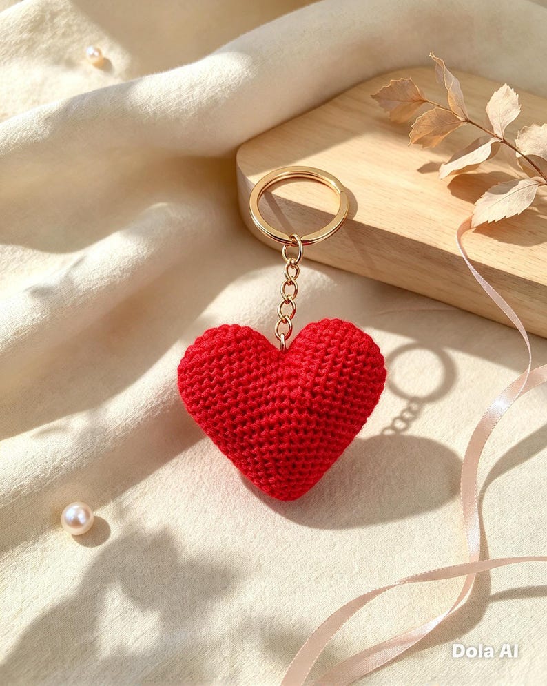 Crocheted heart keychain | Handmade red heart | Bag charm | Romantic gift | Valentine's Day | Small handcrafted gift image 1