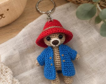 Handmade crocheted bear keychain – Little bear with red hat and blue coat – Original gift – Bag accessory – Paddington crochet