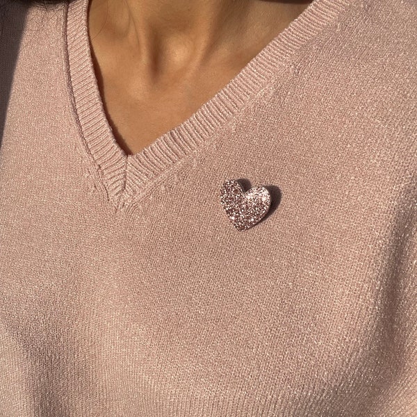 Broche en cuir Coeur rose pailletté