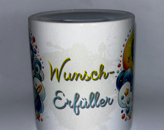 Süße Keramik Spardose mit Comic Motiv „Wunsch Erfüller“ zum verschenken oder sich selbst beschenken.