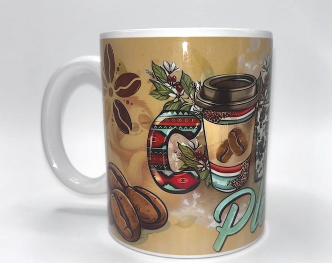 Bunte Motivtasse mit einem Kaffee Motiv auf einer Keramiktasse mit Fassungsfermögen 330ml