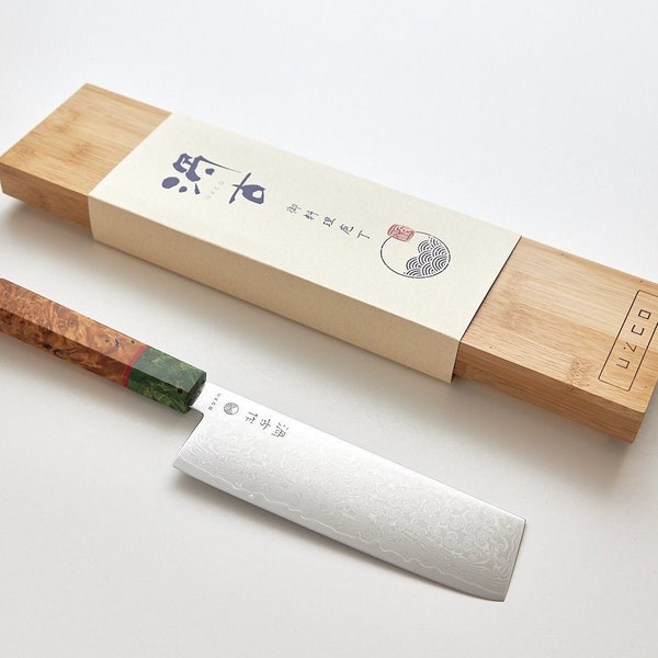 Couteau à légumes NAKIRI fait main de style japonais 16,5 cm / 6,5 pouces - Ultra fin et léger || Coffret premium avec pierre à aiguiser