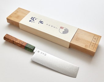 Cuchillo para verduras NAKIRI de 16,5 cm / 6,5 pulgadas, estilo japonés de Damasco, hecho a mano, ultrafino y ligero // Juego premium con piedra de afilar