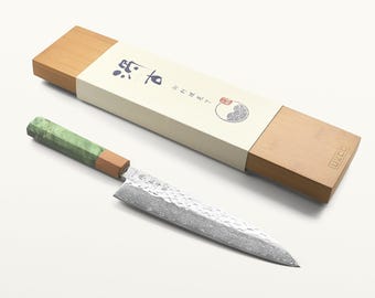 Coltello da chef (Gyuto) in stile giapponese, fatto a mano, da 20 cm, in acciaio di Damasco / Set regalo