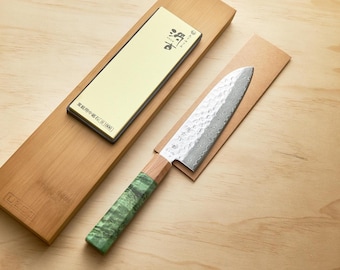 Juego de cuchillos de chef Santoku de Damasco con kit de afilado / Mango verde