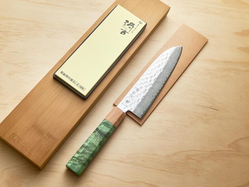Juego de cuchillos de chef Santoku de Damasco con kit de afilado / Mango verde imagen 1