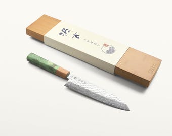 Cuchillo Santoku japonés de 17 cm hecho a mano en acero de Damasco auténtico / Set de regalo