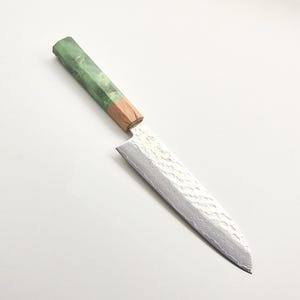 Juego de cuchillos de chef Santoku de Damasco con kit de afilado / Mango verde imagen 7