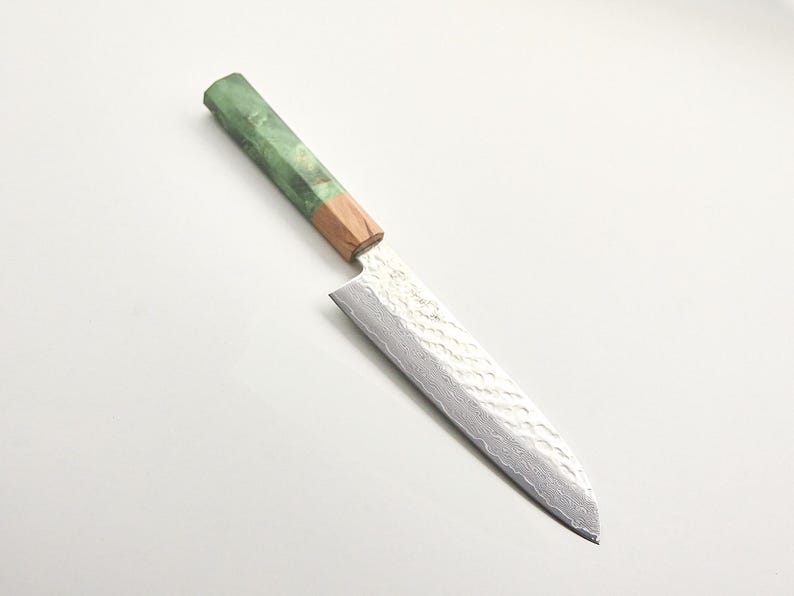 Juego de cuchillos de chef Santoku de Damasco con kit de afilado / Mango verde imagen 7
