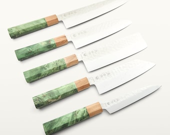 Complete Japanese-Style Damascus Knife Set – 5 Handmade Kitchen Knives with Whetstone