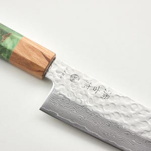 Juego de cuchillos de chef Santoku de Damasco con kit de afilado / Mango verde imagen 8