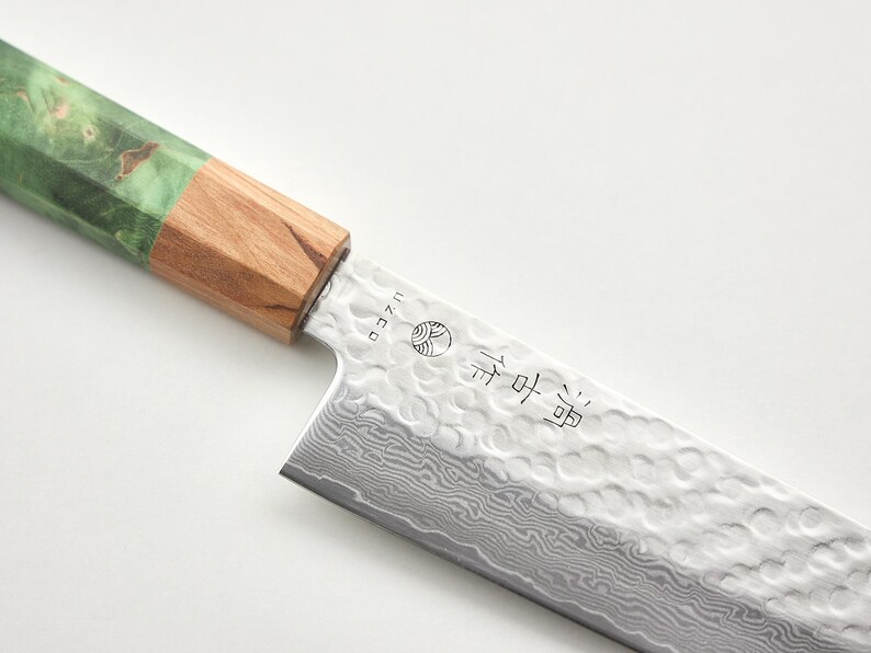 Juego de cuchillos de chef Santoku de Damasco con kit de afilado / Mango verde imagen 8