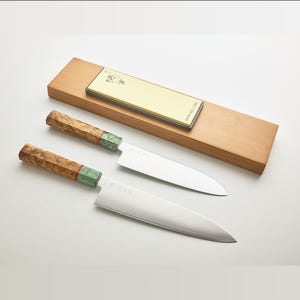 Mirror Damascus Japanese Style Chef Knives Custom Bundle - 20cm Gyuto, 17cm Santoku, 16.5cm Nakiri Knife + Sharpening Set - Autumn Edition