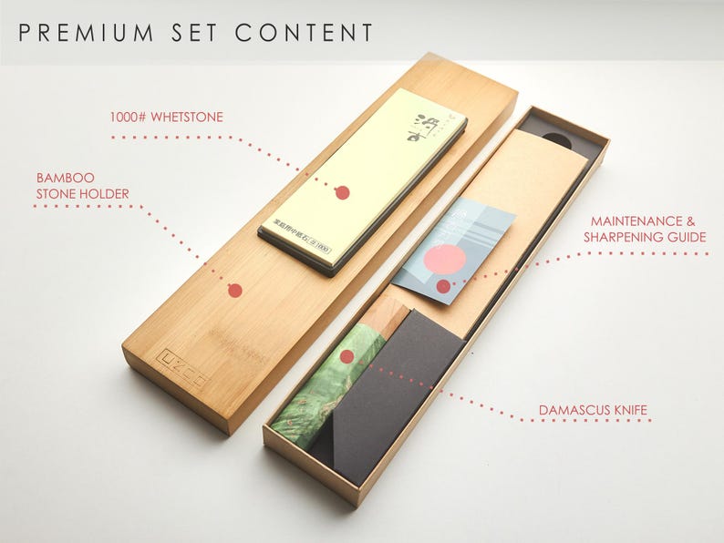 Juego de cuchillos de chef Santoku de Damasco con kit de afilado / Mango verde Premium Set