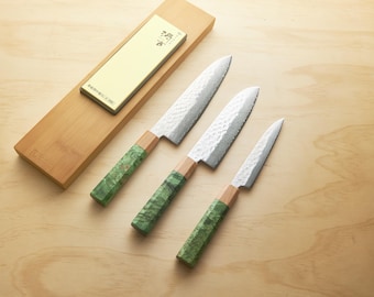 Damascus Japanese Style Chef Knife Bundle 20cm Gyuto, 17cm Santoku, 13.5cm Petty + Sharpening Kit