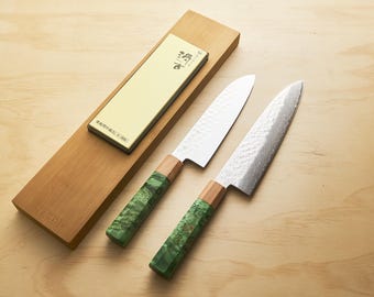 Japanese Style Damascus Chef Knife Custom Set + 1  Sharpening Stone - Verdant Stabilized Birch & Cherry Wood