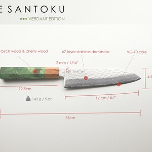 Juego de cuchillos de chef Santoku de Damasco con kit de afilado / Mango verde imagen 6