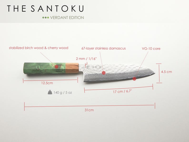 Juego de cuchillos de chef Santoku de Damasco con kit de afilado / Mango verde imagen 6