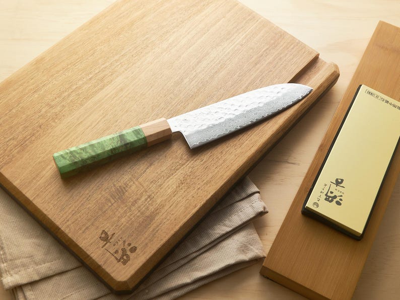 Juego de cuchillos de chef Santoku de Damasco con kit de afilado / Mango verde imagen 11