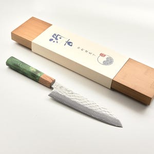 Juego de cuchillos de chef Santoku de Damasco con kit de afilado / Mango verde imagen 2