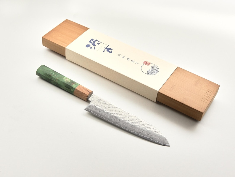 Juego de cuchillos de chef Santoku de Damasco con kit de afilado / Mango verde imagen 2