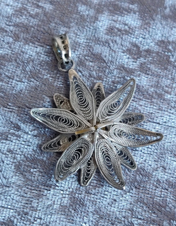 Silver Antique Filigree Necklace Pendant Flower - image 4