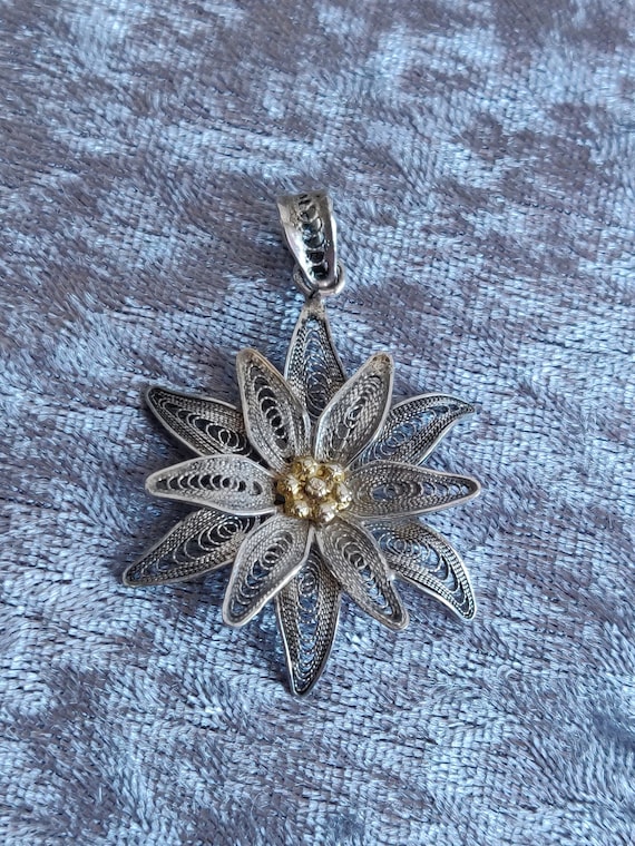 Silver Antique Filigree Necklace Pendant Flower - image 1