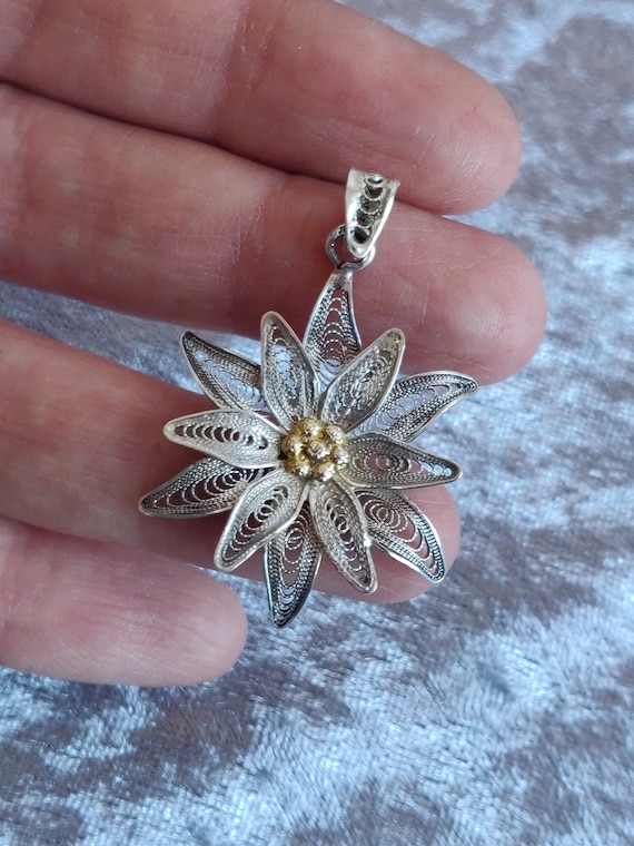 Silver Antique Filigree Necklace Pendant Flower - image 2