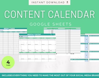 Google Sheets Content planner, Content Calendar, Tasks List, Social Media content calendar, google sheets planner, planner, google sheets