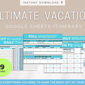 Vacation Itinerary, Google Sheets planner, family vacation itinerary, travel planner, vacation planner, theme park planner, google sheets