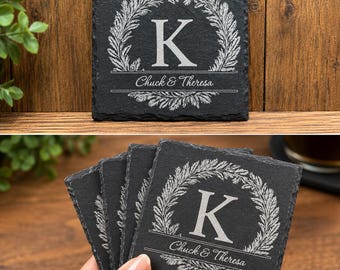 Personalized Slate Coaster, Custom Monogram & Names, Wedding Gift (Laser Engraved)