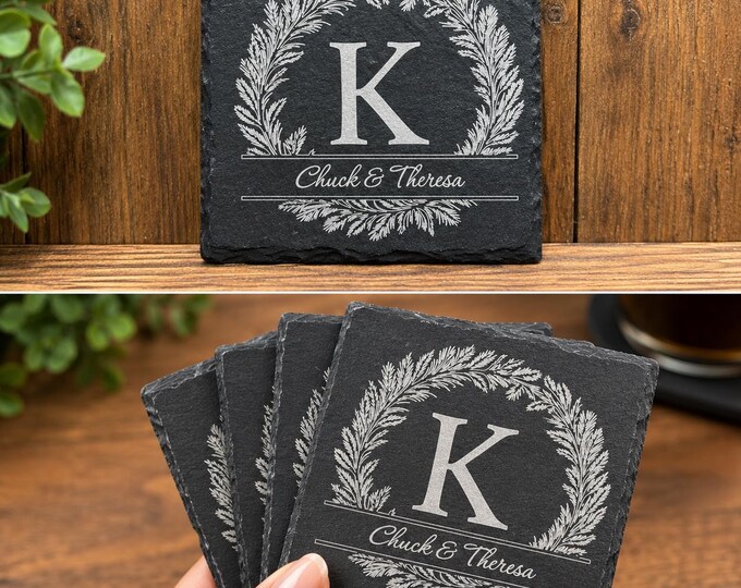 Personalized Slate Coaster, Custom Monogram & Names, Wedding Gift (Laser Engraved)