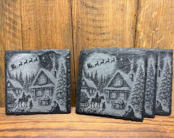 Rustic Slate Christmas Coasters • Cabin, Sleigh, Trees (Set of 4) FREE SHIPPING