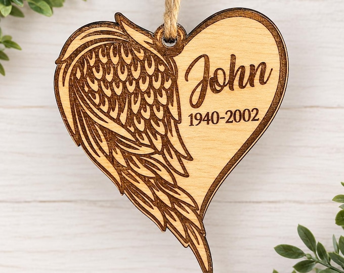 Personalized Memorial Ornament, Wooden Angel Wing Heart Keepsake