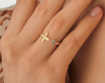 Custom Gold Open Ring with Cross • Dainty Minimalist Jewelry • Personalized Birthstone Ring • Gemstone Ring for Mom • Gift for Her