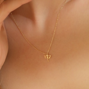 14k Solid Gold Tiny Dragonfly Necklace • Dragonfly Charm Pendant • Bug Lover Gift • Good Luck Gift For Her • Minimalist Birthday Gift
