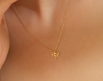 14k Solid Gold Tiny Dragonfly Necklace • Dragonfly Charm Pendant • Bug Lover Gift • Good Luck Gift For Her • Minimalist Birthday Gift